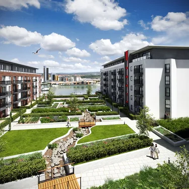 modern apartment buildings with green spaces