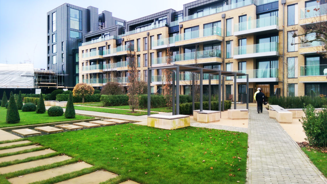 Fulham wharf buildings and grass park area