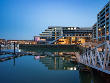 modern buildings in a marina