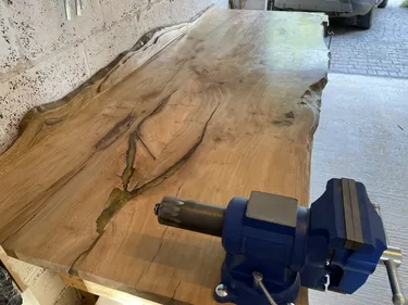 live edge oak-topped gold resin work bench
