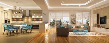 A living room and kitchen